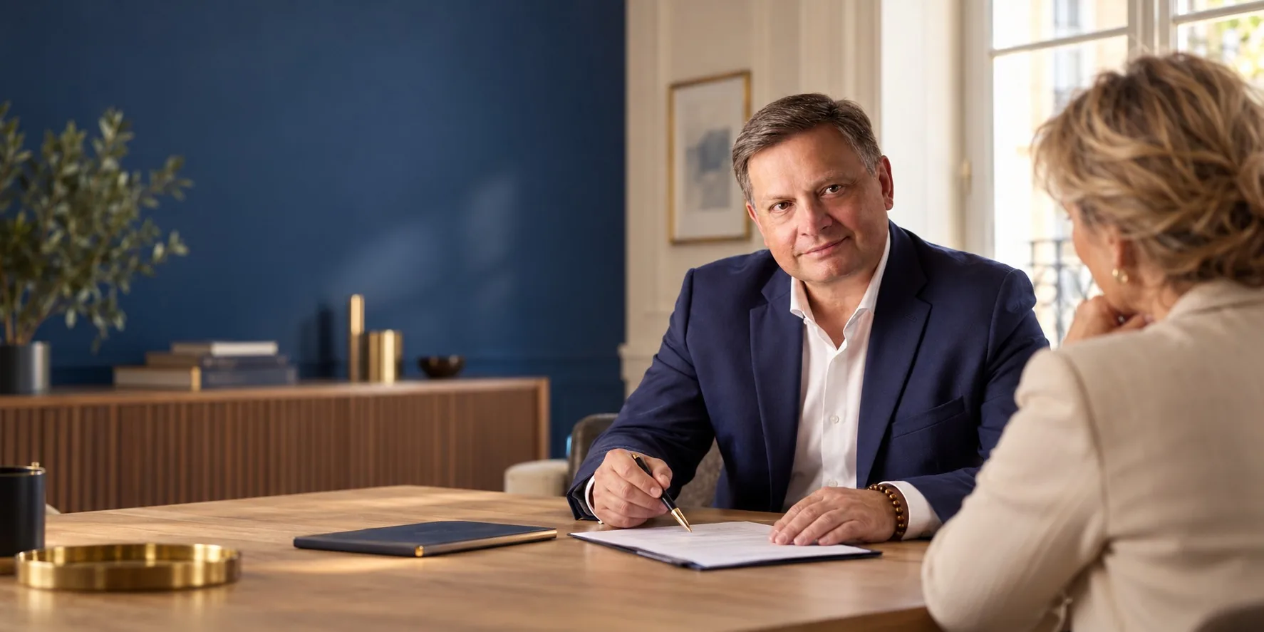 Illustration de Benoît Ledieu échangeant avec une cliente dans un bureau lumineux